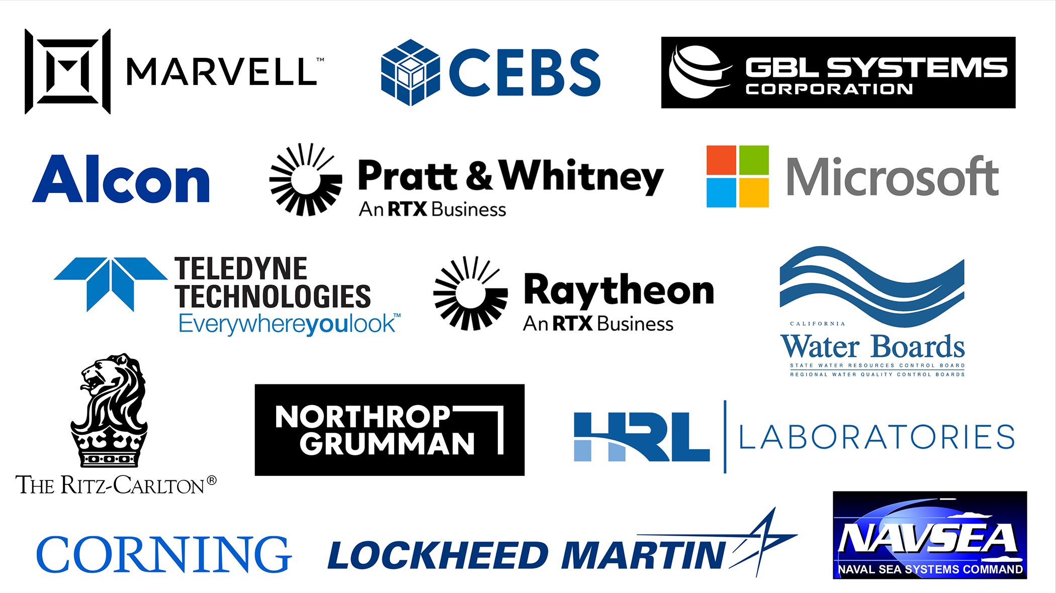 A list of corporate partners: Microsoft, HRL Laboratories, Lockheed Martin, California Water Boards, Marvell, Navsea, RTX, Alcon, Corning, Teledyne Technologies, Northrop Grumman.