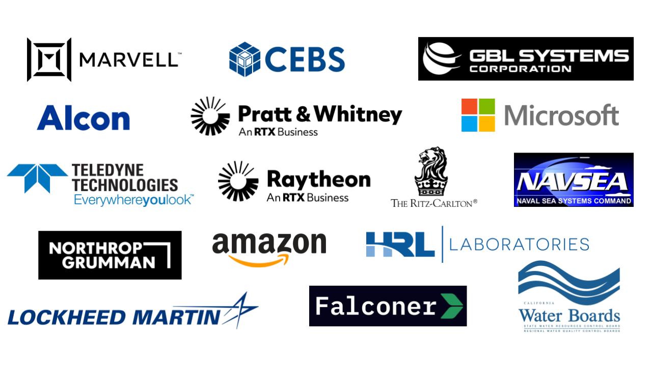 A list of corporate partners: Microsoft, HRL Laboratories, Lockheed Martin, California Water Boards, Marvell, Navsea, RTX, Alcon, Corning, Teledyne Technologies, Northrop Grumman.