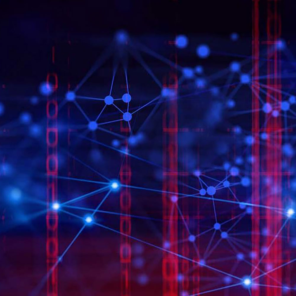 An abstract image of networked blue lines and verticle bars of 0s and 1s representing data science.