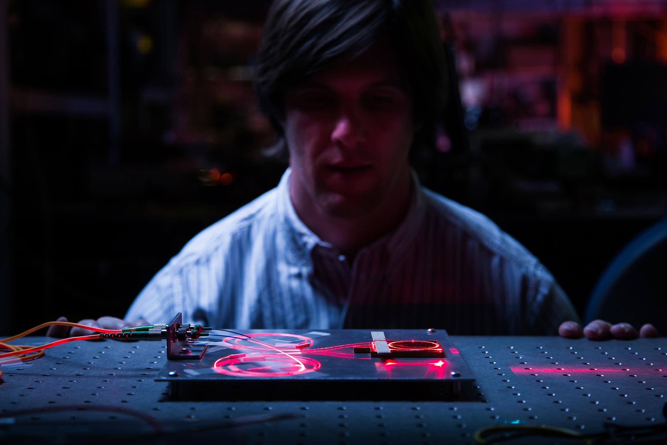 Light being directed through fiber optics.