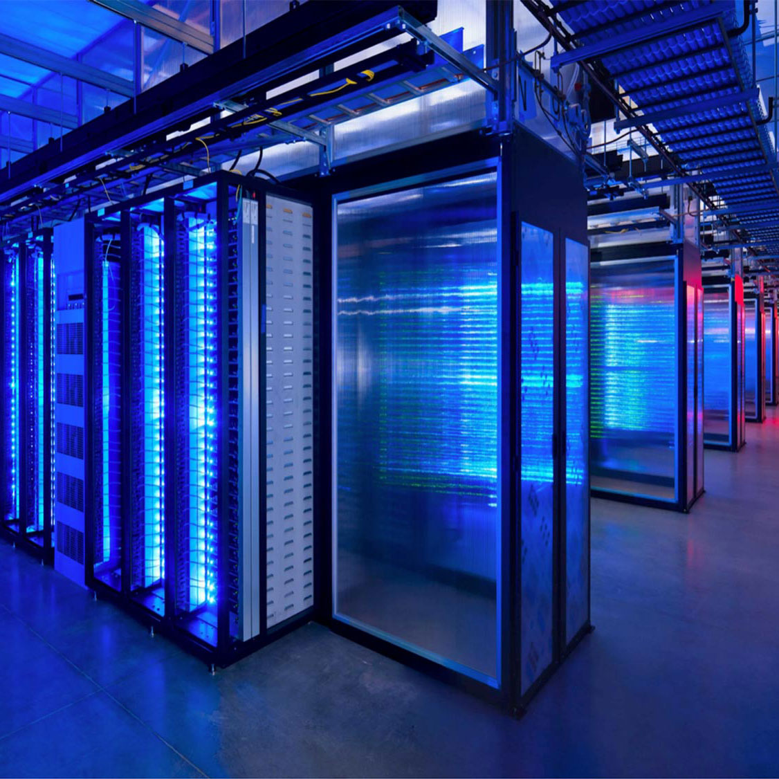 Racks of computers in a data center.